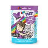 Weruva B.F.F. OMG cat food in gravy bowl showing juicy beef and chicken chunks for moisture