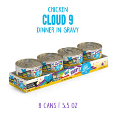 Weruva B.F.F. OMG gravy closeup with juicy chicken pieces in savory sauce for cats.
