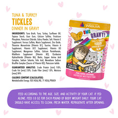Weruva B.F.F. OMG gravy rich sauce pouch communicates a juicy, protein-forward experience for adult felines
