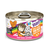 Weruva B.F.F. OMG open can showing juicy tuna and salmon in gravy for cats