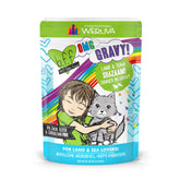 Weruva B.F.F. OMG Shazaam Lamb and Tuna in Gravy pouch close-up showing savory gravy for hydration
