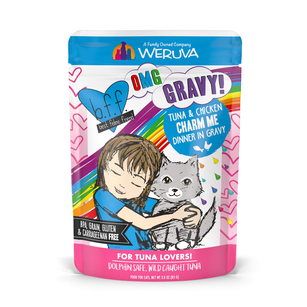 Weruva B.F.F. OMG tuna-chicken in gravy pouch close-up showing juicy texture for cats