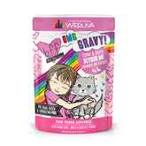 Weruva BFF OMG tuna-duck-devour pouch in gravy—high moisture for cats.