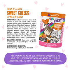 Tuna and salmon chunks in rich gravy from Weruva B.F.F. OMG for moist meals.