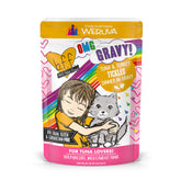 Weruva B.F.F. OMG tuna-turkey in gravy pouch showing juicy chunks for moisture-rich meals