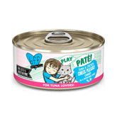 Weruva B.F.F. Play pate serving in dish, creamy tuna-chicken blend for feline meals.