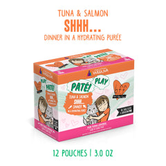Weruva B.F.F. Play pate serving image highlights convenient slide-n-serve pouch.