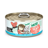 Eight-pack Weruva B.F.F. Play salmon-tuna paté cans in view for convenient meals