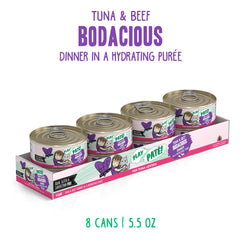 Weruva B.F.F. Play tuna and beef pate highlights protein-rich paté for meal time.