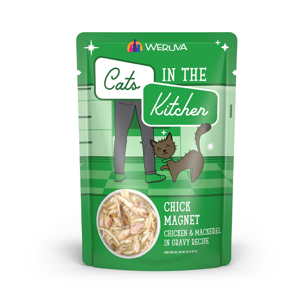 Weruva Cats in the Kitchen Chick Magnet packaging highlighting premium proteins and gravy for palatability