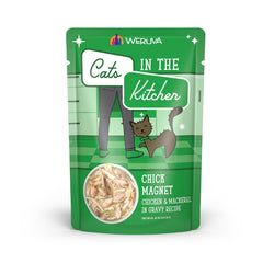 Weruva Cats in the Kitchen Chick Magnet packaging highlighting premium proteins and gravy for palatability