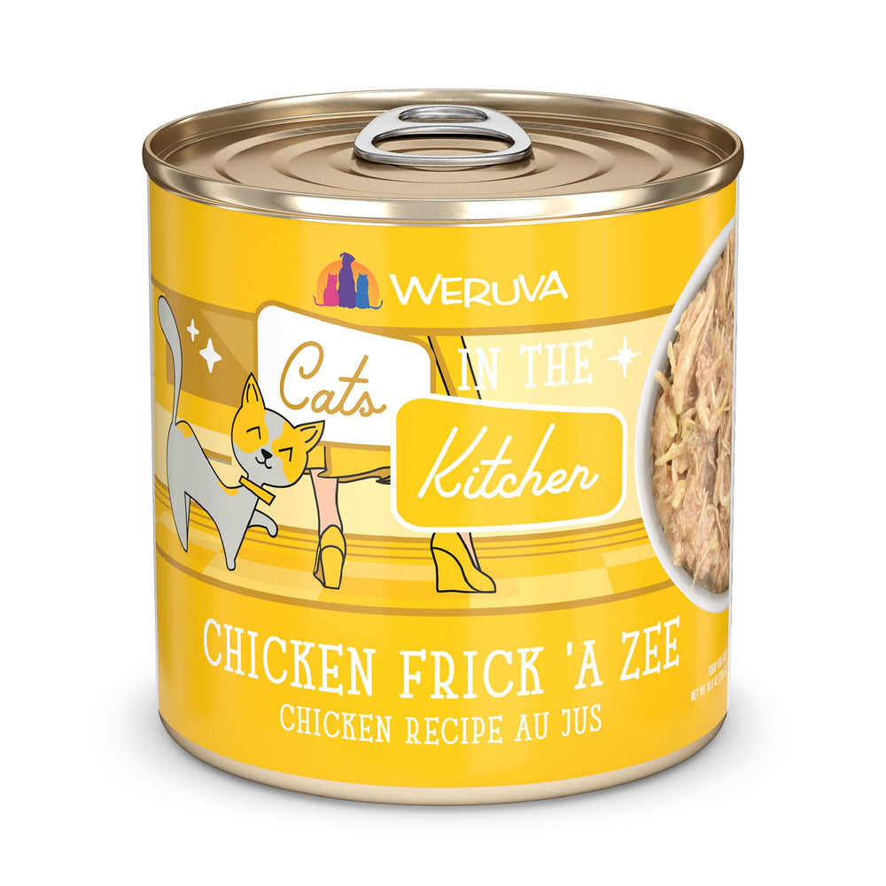 Weruva Cats in The Kitchen Chicken Frick A Zee 10oz can closeup for convenient multi-cat serving.