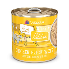 Weruva Cats in The Kitchen Chicken Frick A Zee 10oz can closeup for convenient multi-cat serving.