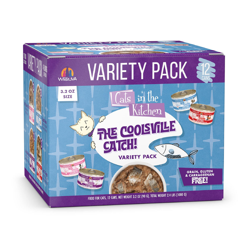 Weruva Cats in the Kitchen Coolsville Catch variety pack with premium protein in gravy, convenient 3.2oz cans.