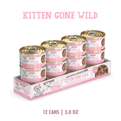 Weruva Cats in The Kitchen Kitten Gone Wild pack of 12 cans on display for easy meal planning.