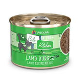 Weruva Cats in The Kitchen Lamb Burger-ini can front label highlighting premium protein blend for cats