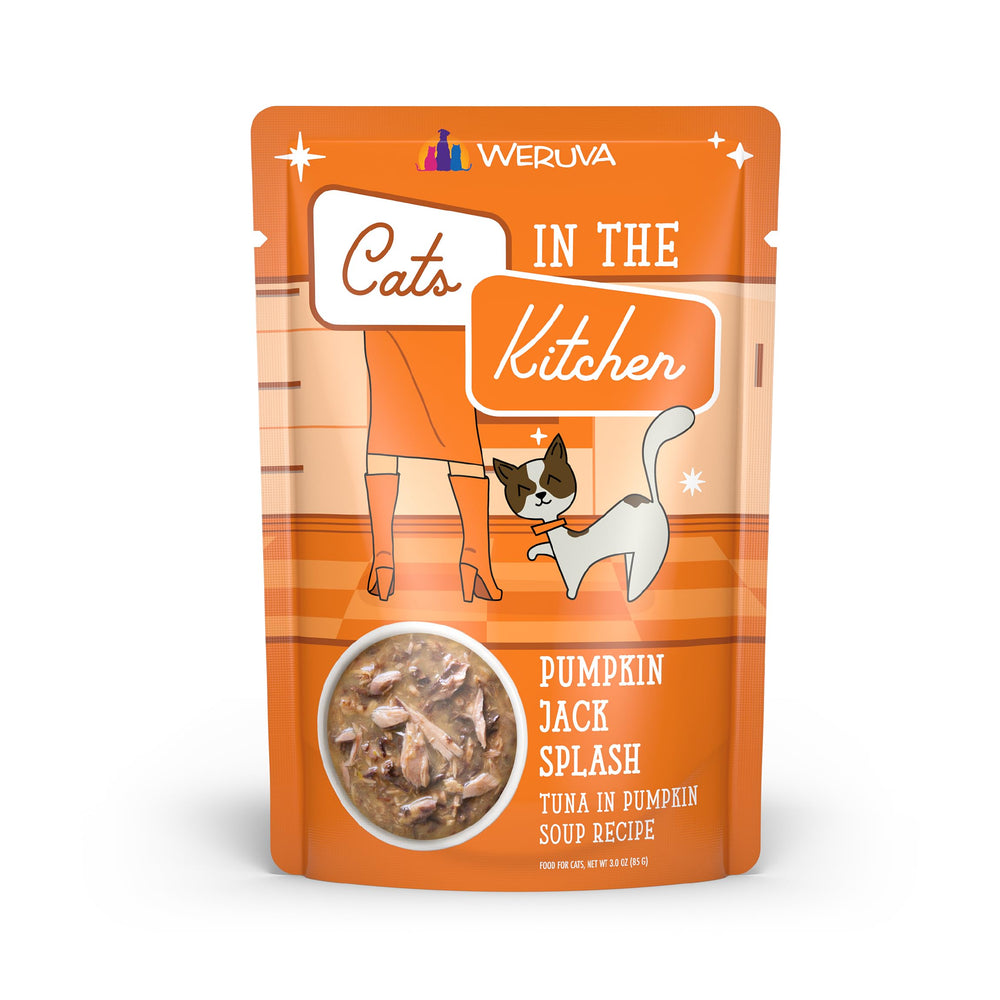 Weruva Cats in the Kitchen Pumpkin Jack Splash tuna in pumpkin soup supports easy digestion.