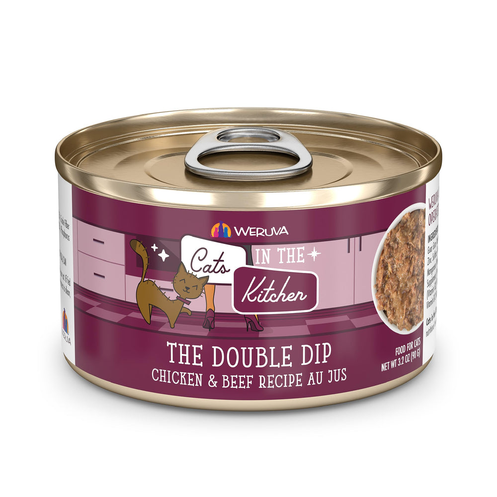 Weruva Cats in the Kitchen The Double Dip chicken and beef au jus cans in a 24-pack for easy dinners.