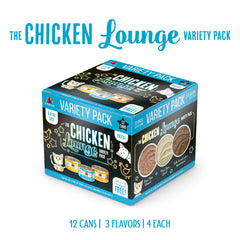 Weruva Chicken Lounge Paté cans lined up showing four flavors for variety meals.