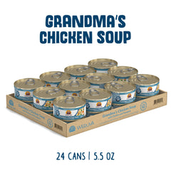 Close-up of Weruva Grandma's Chicken Soup showing cage-free chicken in broth