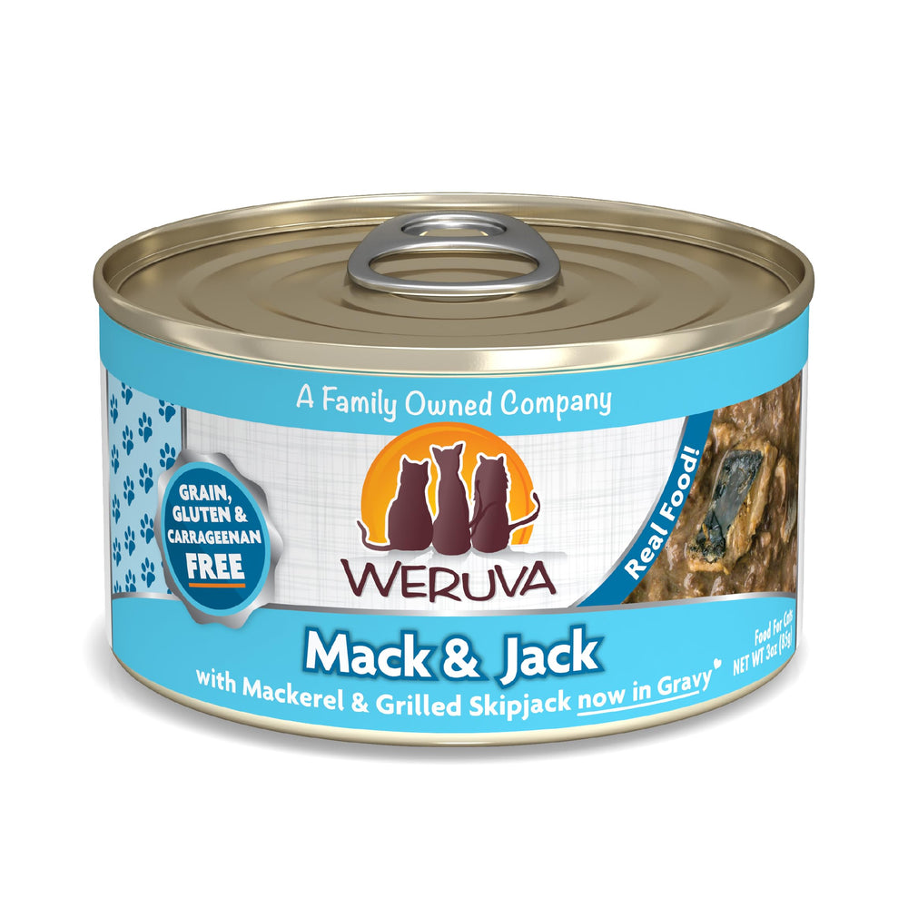 Weruva Mack & Jack canned cat food with mackerel in gravy close-up of fish chunks for hydration appeal.