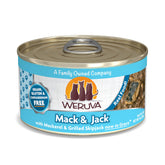 Weruva Mack & Jack canned cat food with mackerel in gravy close-up of fish chunks for hydration appeal.