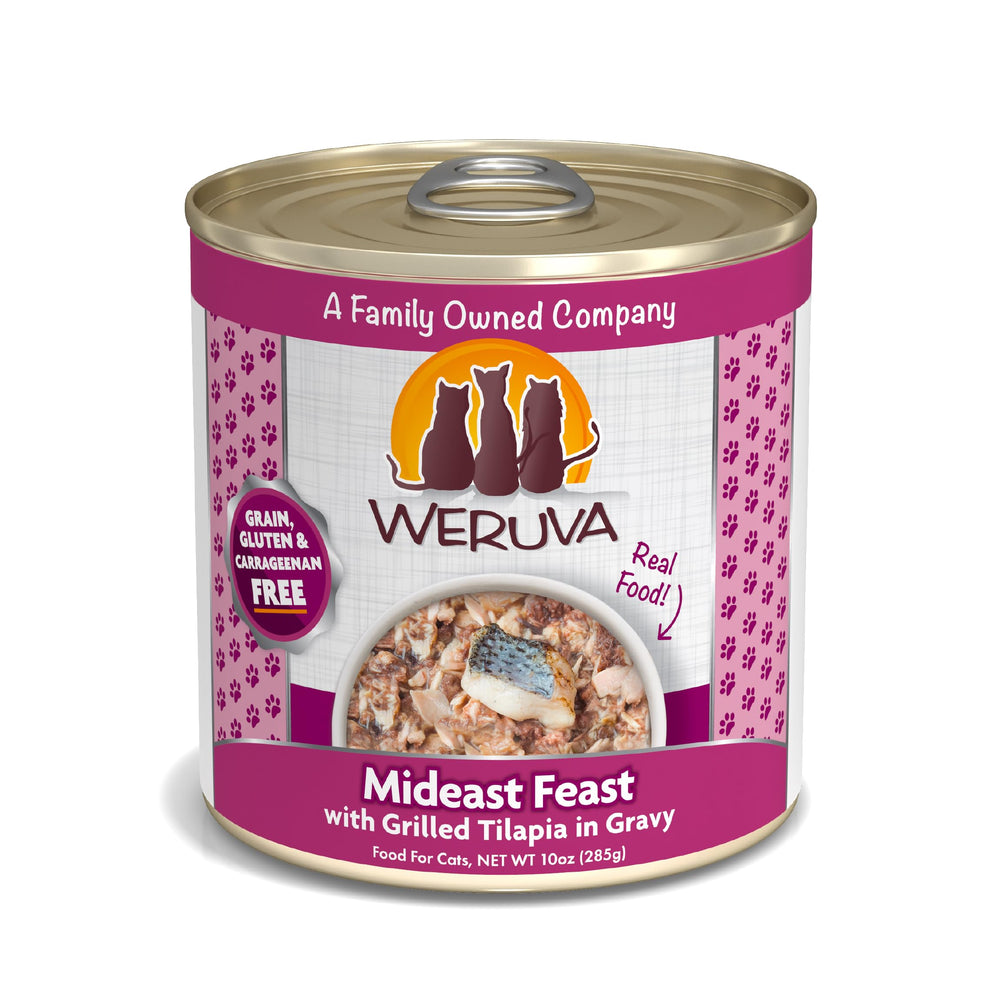 Weruva Classic Cat Food Mideast Feast tilapia gravy can shows tender fish chunks for hydration