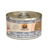 Weruva Goody Stew Shoes can with chicken and salmon in gravy, a tasty dinner option.