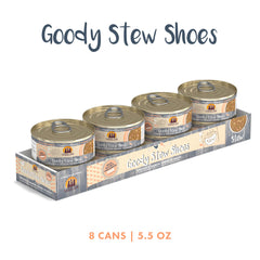Close-up of chicken and salmon in gravy in Weruva Goody Stew Shoes.