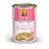 Weruva Classic Dog Food can front shows Amazon Livin' with chicken and pumpkin gravy for tasty meals