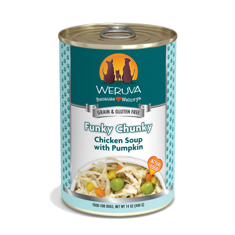 Weruva Classic Funky Chunky Chicken Soup can label with real chicken and pumpkin.