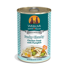 Weruva Classic Funky Chunky Chicken Soup can label with real chicken and pumpkin.