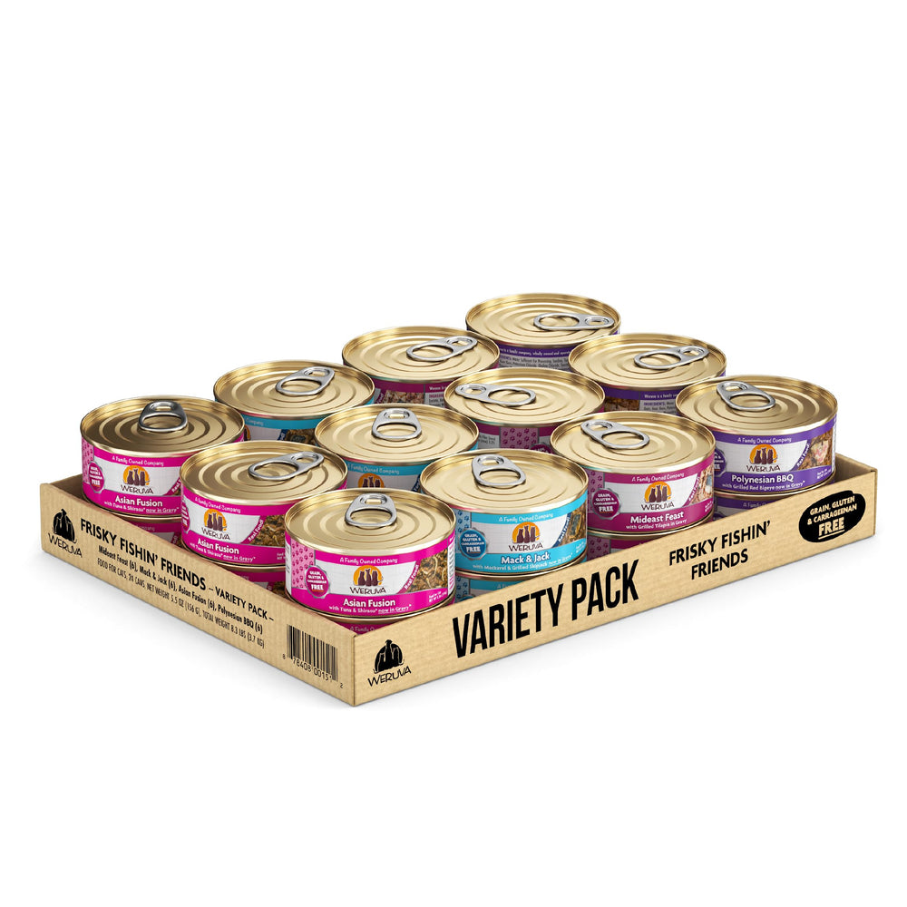 Weruva Frisky Fishin' Friends pack front view, grain-free variety for cats