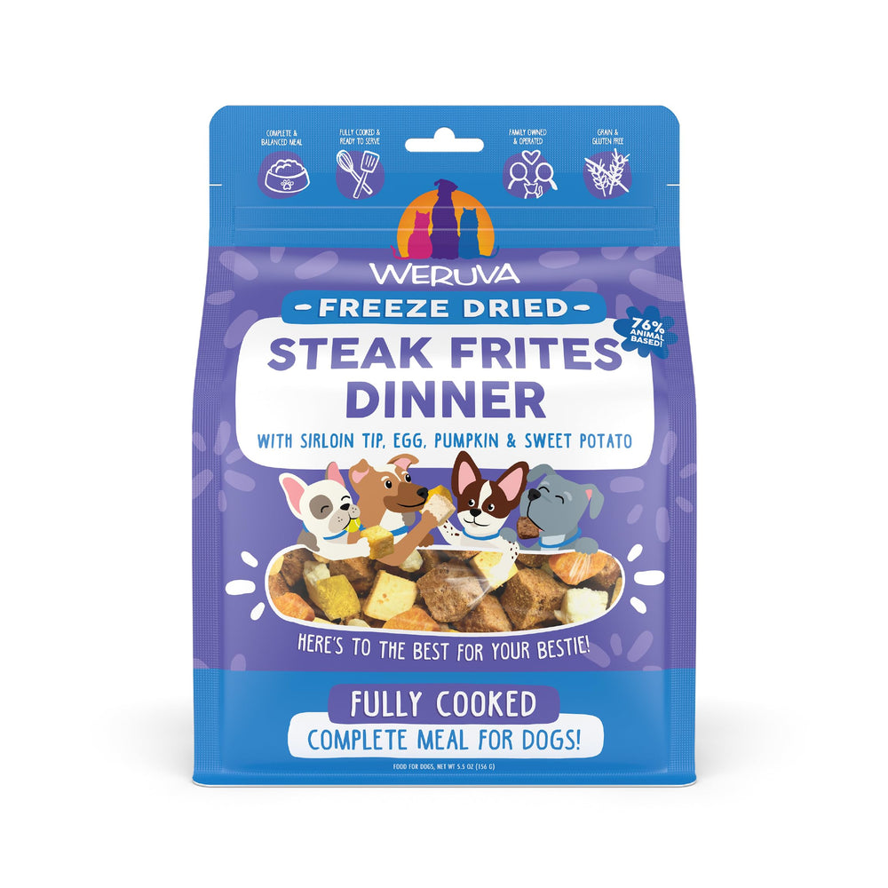 Weruva Dog Freeze Dried Steak Frites Dinner bag with sirloin tip for convenient mealtime