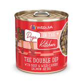 Weruva Dogs in The Kitchen Double Dip beef-salmon au jus 10oz can for protein-packed meals.