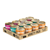 Weruva Dogs in the Kitchen Sit. Down. Dinner. Variety Pack packaging with 12 cans, ideal for variety.