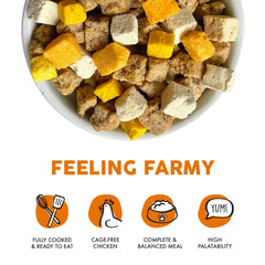 Weruva Feeling Farmy freeze-dried dog cubes close-up for easy bite-sized servings.