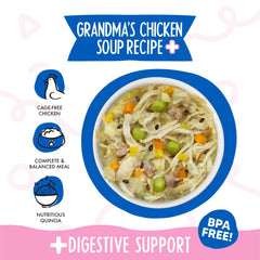 Weruva Grandma's Chicken Soup Plus Digestive Support shown in a bowl with chicken and vegetables.