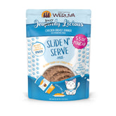 Weruva Jeopurrdy Licious chicken pate pouch close-up, creamy texture for easy feeding.