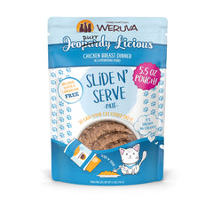 Weruva Jeopurrdy Licious chicken pate pouch close-up, creamy texture for easy feeding.