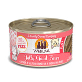Weruva Jolly Good Fares chicken and salmon pate can with creamy texture.