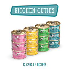 Weruva Kitchen Cuties Kitty Gone Wild can close-up with tender chicken and fish in gravy