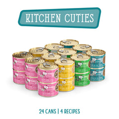 Weruva Kitchen Cuties six-ounce cans, front view for pantry-friendly storage.