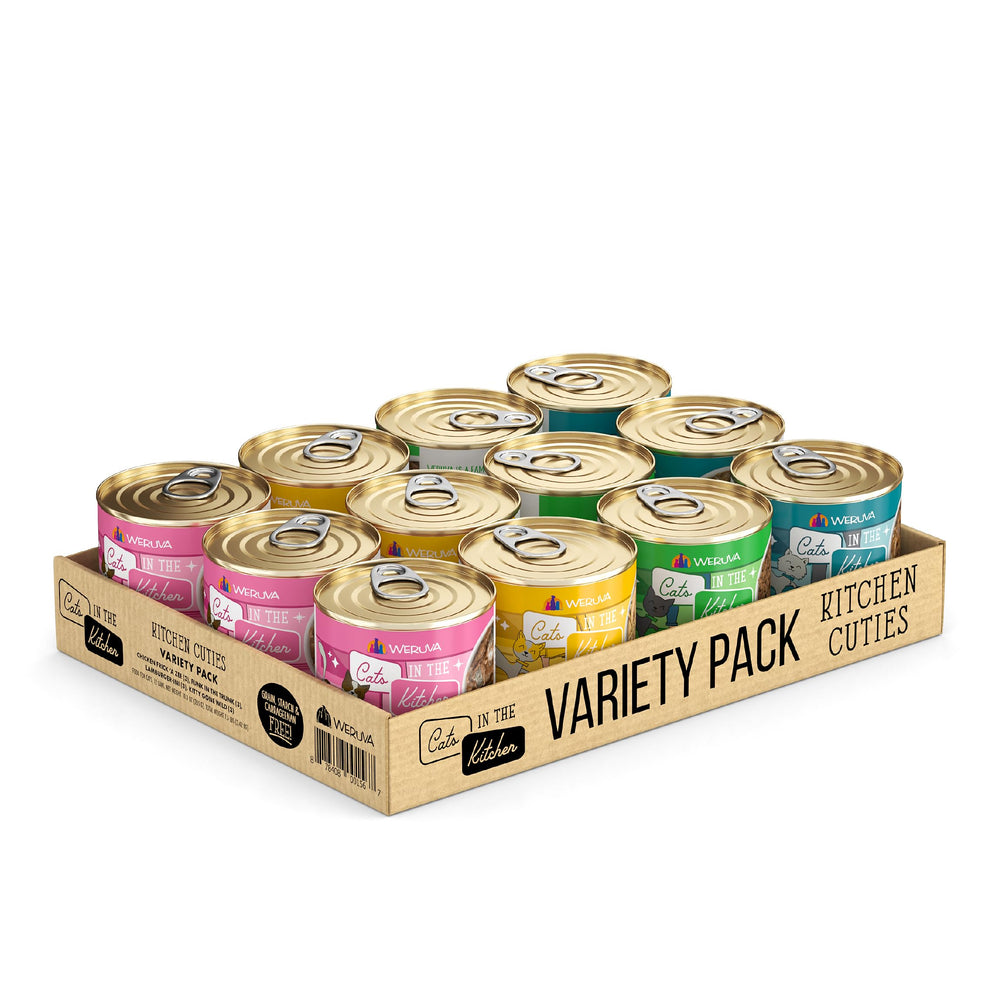 Weruva Kitchen Cuties Variety Pack front label, convenient 12-pack for variety meals.