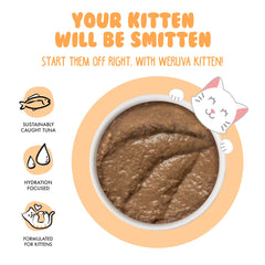 Weruva Kitten Tuna & Salmon Puree label close-up with visible ingredients and grain-free claim