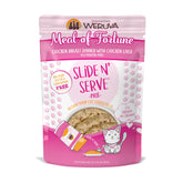 Weruva Meal of Fortune chicken liver pate Slide N Serve pouch close-up for easy meals.