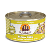 Weruva Meow Luau mackerel and pumpkin in gravy can, natural ingredients visible