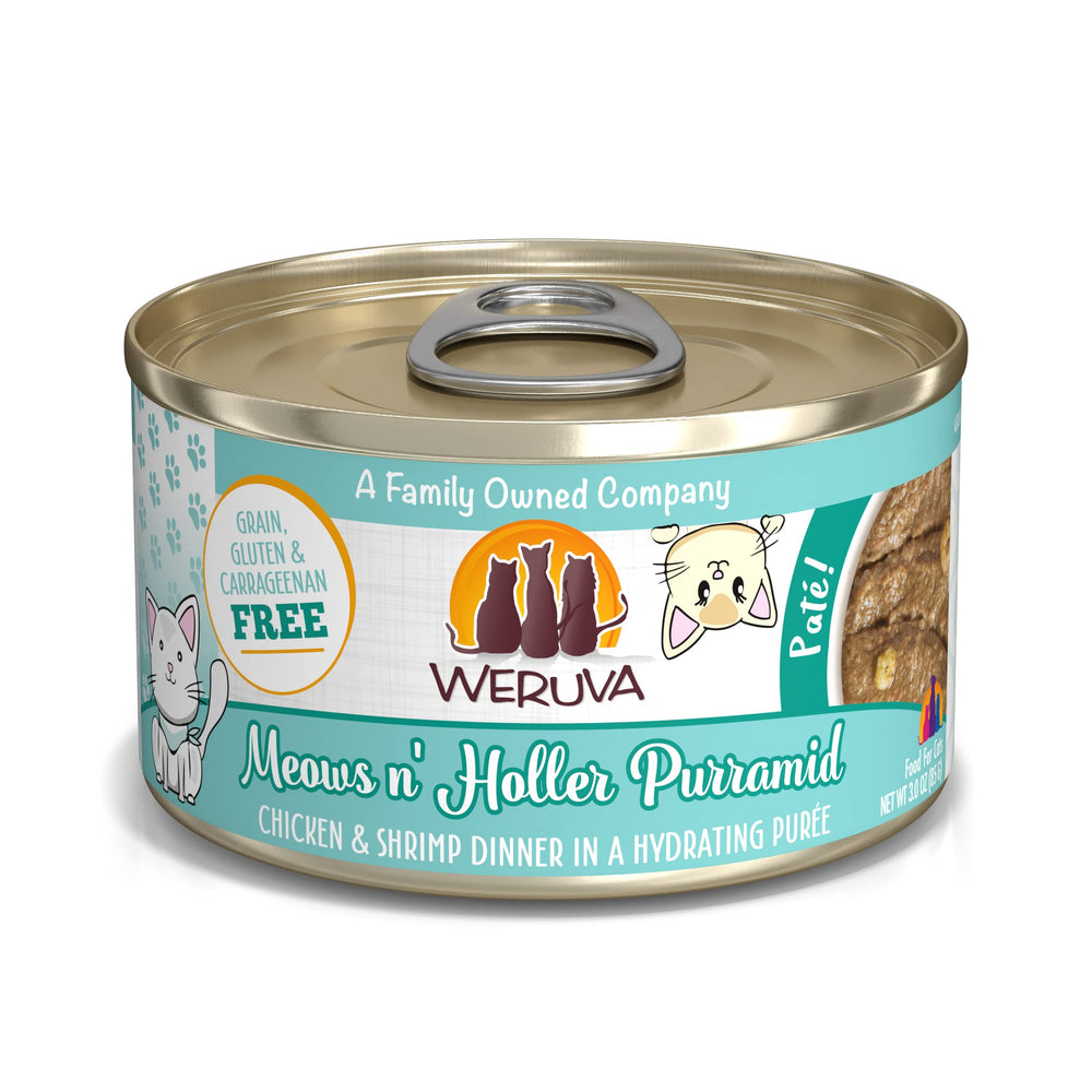 Weruva Meows n Holler PurrAmid pate in a serving bowl highlighting chicken and shrimp for easy feeding.