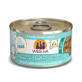 Weruva Meows n Holler PurrAmid pate in a serving bowl highlighting chicken and shrimp for easy feeding.