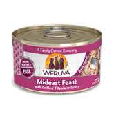 Weruva Mideast Feast tilapia in gravy cans pack promotes convenient daily feeding.